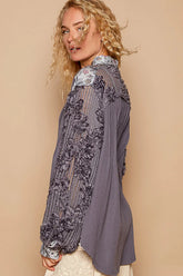 POL Floral Half Button Lace Detail Long Sleeve Top OutfitFlow